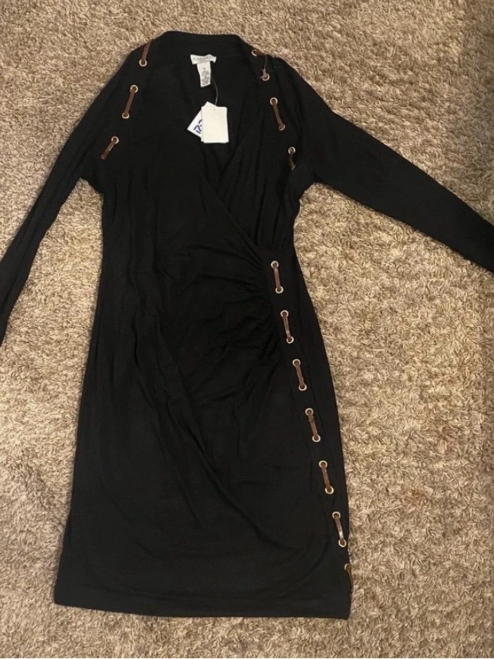 Carmen Marc Valvo Black Long Sleeve Wrap Dress with Gold Grommet Trim